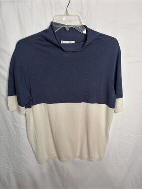 Navy and Cream Short-Sleeve Colorblock Knit Top